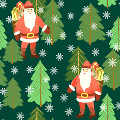 Vector - Santa Claus in the forest seamless pattern.