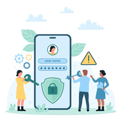 Secure login to mobile phone app using username and password vector illustration. Cartoon tiny people holding keys to safe shield with lock on screen of smartphone, protection of online access