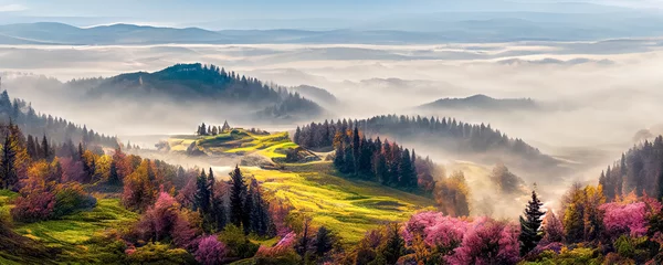 Schönes Panorama der Herbstberge. Morgennebel im Tal zwischen Berghängen. wunderbare Herbstlandschaft in den Bergen. © Viks_jin