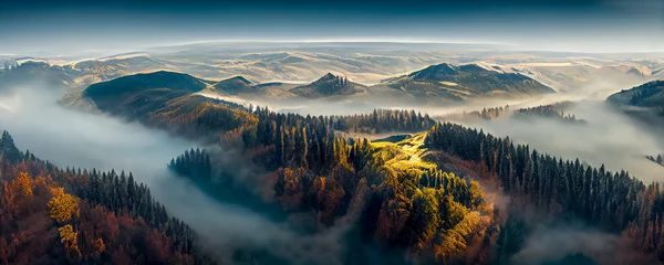 Schönes Panorama der Herbstberge. Morgennebel im Tal zwischen Berghängen. wunderbare Herbstlandschaft in den Bergen. © Viks_jin