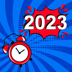 2023 happy new year. Comic text. Pop Art vintage vector illustration. Retro comic speech bubble. Number 2023 text for New Year. Vector illustration, vintage design, pop art style. Colorful New Years