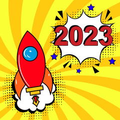 2023 happy new year. Comic text. Pop Art vintage vector illustration. Retro comic speech bubble. Number 2023 text for New Year. Vector illustration, vintage design, pop art style. Colorful New Years