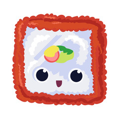 Happy roll with caviar. Roll with happy face. Cartoon vector illustration isolated on white background. Japanese food concept.