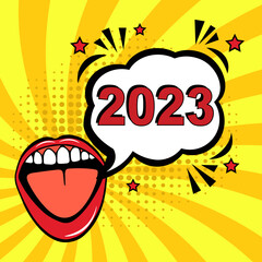 2023 happy new year. Comic text. Pop Art vintage vector illustration. Retro comic speech bubble. Number 2023 text for New Year. Vector illustration, vintage design, pop art style. Colorful New Years