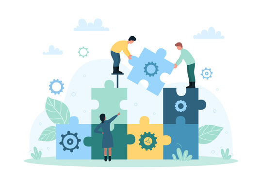 Business organization, cooperation and teamwork vector illustration. Cartoon tiny people connect together puzzle pieces with gears inside, collective work of employees team on corporate goal and idea