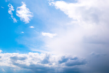 Beautiful thunderclouds. Beautiful dramatic blue sky background with fluffy dark clouds. Rainy weather.
