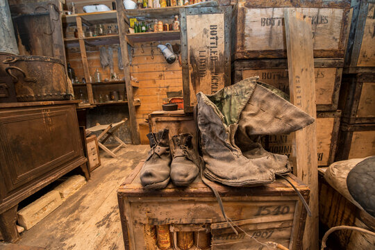 Boots inside Captain Earnest Shackleton's hut at Cape Royds, Antarctica.