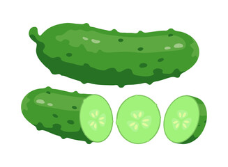 Cucumber set. Vector illustrations of fresh vegetable and food ingredient. Cartoon whole organic cucumber, cut into half and slices isolated on white. Vitamin, nutrition, vegetarian diet concept