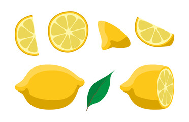 Lemon set. Vector illustrations of sour yellow citrus fruit. Cartoon whole lemon with peel, cut in half, into slices and pieces isolated on white. Lemonade, juice, vegetarian fresh food concept