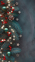 Christmas vertical background for social media stories. Dark flat lay, top view on fir twigs, red...