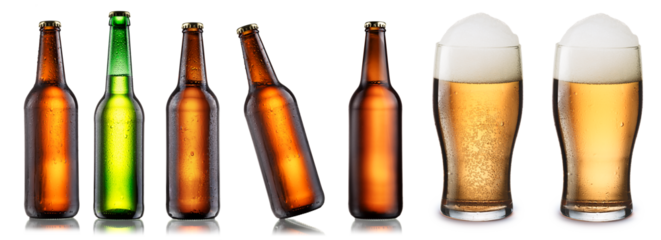 Collection of beer bottles and glasses of beer. Transparency mask