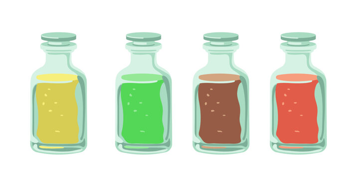 Glass bottles set. Vector illustrations of jar with liquid of different colors. Cartoon collection of containers and flasks with caps isolated on white. Presentation, chemistry, laboratory concept