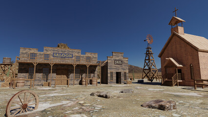 Old western abandoned village with church, saloon and jail