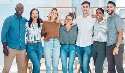 Diversity, smile and happy teamwork in a startup marketing and advertising office. Collaboration, portrait and motivation team in a creative workplace with support, vision and trust in a workplace
