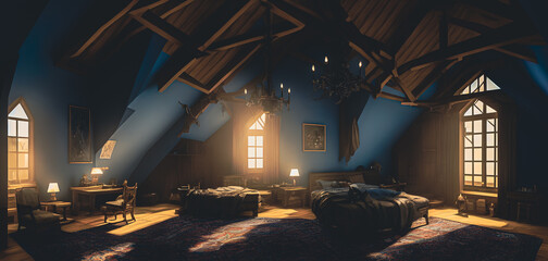 Artistic concept painting of a beautiful bed room interior, background illustration