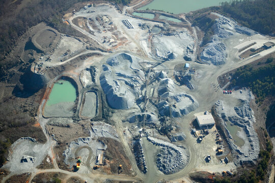Aerial view of a gravel quarry operation near Marietta, SC.