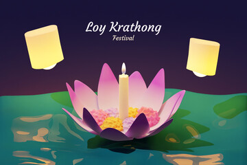 Floating lanterns or lamps and water lily flower. Loy krathong and Yi Peng Lanna ceremony celebration background