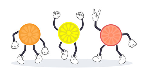 Set of cute fruit characters with funny gestures. Vector illustrations of cheerful citrus. Cartoon funny slices of orange, lemon and grapefruit with arms and legs isolated on white. Expression concept