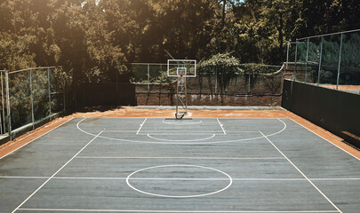 Empty basketball court, field or training ground for match, game or competition. Sports venue,...