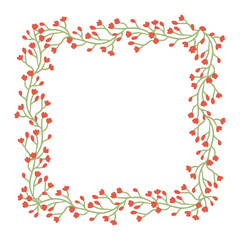 Square frame with summer flowers. Vector illustration of floral border. Cartoon cute pattern of branches with red blossom and green leaves isolated on white. Invitation, romantic ornament concept