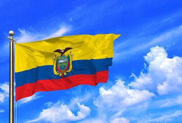 Ecuador Flag Waving In The Wind On A Beautiful Summer Blue Sky