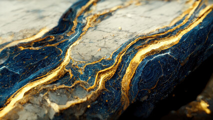 Marble with gold veins over blue and white close up