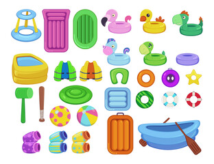 Inflatable objects for pool vector illustrations set. Equipment or toys for water activities, lifesavers, rings or floaters, plastic matrasses isolated on white background. Summer, holidays concept