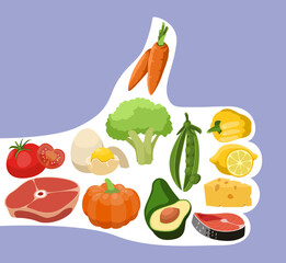 Healthy food set inside hand showing thumbs up. Vector illustrations of recommend diet for body health. Cartoon menu of vegetables, meat and fish isolated on white. Nutrition, meal, balance concept