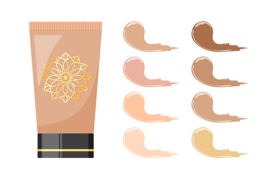 Makeup face foundation palette set. Vector illustrations of tube and smears of cream cosmetic product. Cartoon chart with samples of different human skin tones isolated on white. Fashion concept