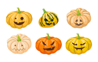 Pumpkin creepy faces set. Vector illustrations of cute grinning vegetable characters. Cartoon funny scary lanterns for Halloween celebration isolated on white. Horror, carving, holiday concept
