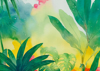 Picturesque jungle landscape with tropical plants painted with watercolor. Backdrop. 3D illustration - 541011851