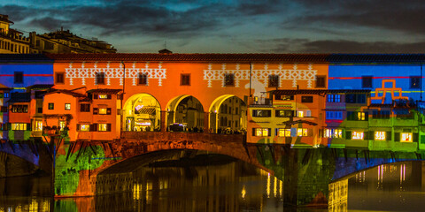 Light show projected on Ponte Vecchio, Florence, Tuscany, Italy