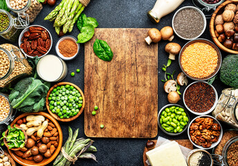 Vegan protein. Full set of plant based vegetarian food sources. Healthy eating, diet ingredients:...