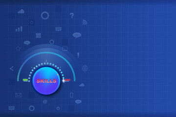 Concept of skills. Increasing the level of knowledge. Power control turned to maximum. Dark blue background. copy space. Education. Business.