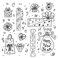 Big set of Christmas gift boxes in hand drawn style. Gift wrapping for the holidays.