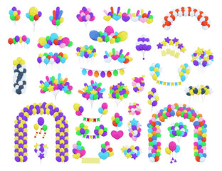 Balloons as decoration for party vector illustrations set. Inflatable spheres, balloon arches, garlands for wedding, festival or carnival isolated on white background. Decoration, celebration concept