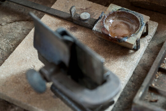 Close-up of crucible in a jewelry shop, Bavaria, Germany