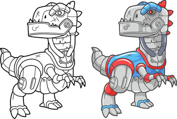 cartoon robot dinosaur tyrannosaurus, coloring book, funny illustration - 541014414