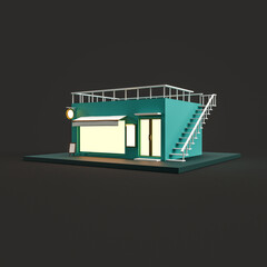 3d rendering of cafe and upstairs on black background, 3d minimal concept for business or advertising
