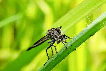 Side view of a Robber Fly on a leaf eating a small insect.