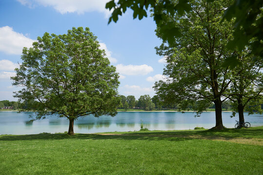 Park around lake, Lake Karlsfeld, Munich, Bavaria, Germany