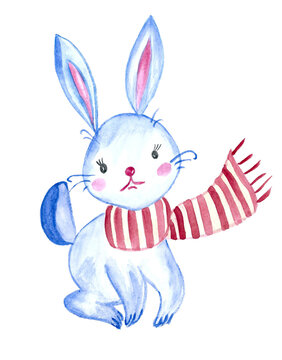 Hand-drawn watercolor bunny in a scarf. Isolated illustration in png format.