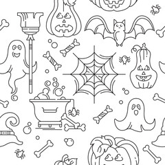 Seamless Halloween holiday pattern. Vector, line illustration. Coloring book. Pumpkin, web, ghost, bat, broom.
