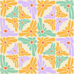 Fototapeta na wymiar Groovy trippy daisy tiles seamless pattern. Abstract naive psychedelic, hand drawn flowers mosaic patchwork. 1970 retro hippie vibe background. Vintage cover textile poster vector illustration.