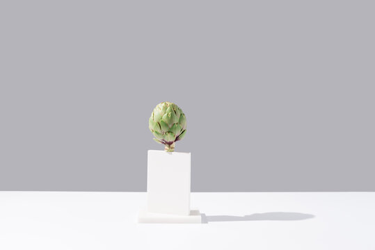 Flor de alcachofa cruda en pie sobre fondo gris