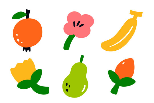 Set of fruit and flower in naive style illustration design. Trendy childish hand drawn clip art for design element