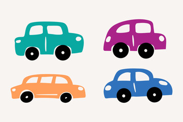 Set cute of car toys illustration. Colorful transportation drawing in childish style