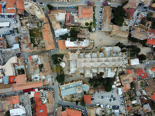 Famagusta, Lala Mustafa Pasha Mosque and its surroundings, bird's eye view, Aerial shot. drone shooting, back view