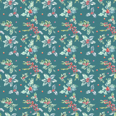 Watercolor Christmas seampless pattern. Winter flora illustration, poinsettia, holly berry,  new year green wallpaper, decoration tile, fabric,wrap, scrapbooking, background  