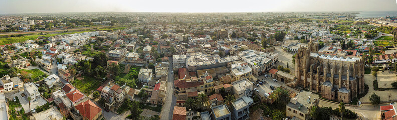 Famagusta, Lala Mustafa Pasha Mosque and its surroundings, panoramic view. aerial shot. drone shooting